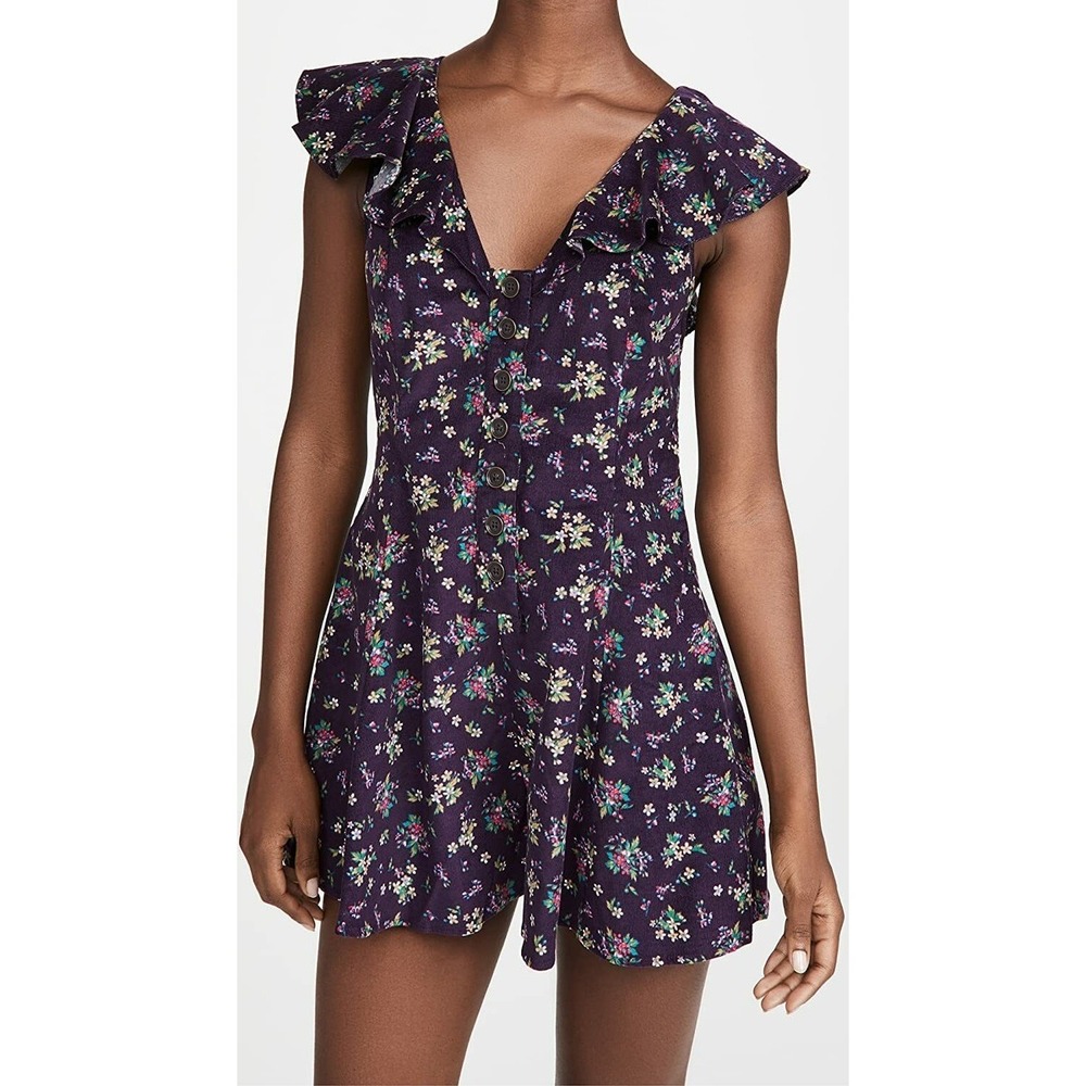 Free People Corduroy Romper M Floral Ruffle Sleeve Cottagecore Boho Whimsical